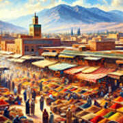 A Bustling Spice Market In Marrakesh, With A Backdrop Of The Atlas Mountains. Poster