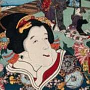 A Female Role Actor With A Scene Of Modern Dress Genji Behind. Colour Woodcut By Kunisada, 1852 Poster