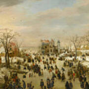 A Panoramic Winter Landscape With A Multitude Of Figures On A Frozen River Poster