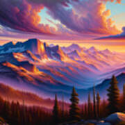 A Sweeping View Of A Mountain Range At Sunset, With Vibrant Colors In The Sky Poster