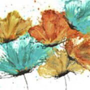 Abstract Flowers Bouquet Teal Orange Yellow Poster