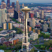 Aerial Space Needle Downtown Seattle And Rainier Poster