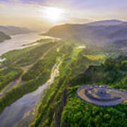Breathtaking Aerial View Of Vista House In Columbia River Gorge At Sunrise With Stunning Colors Poster