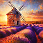 An Old Windmill On A Lavender Field In Provence, With A Sunset Backdrop. Poster