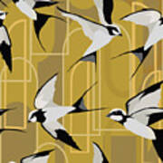 Art Deco Swallows On Gold Poster