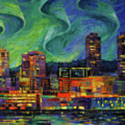 Aurora Borealis Over Seattle Palette Knife Oil Painting Mona Edulesco Poster