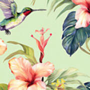 Beautiful Colorful Colibri And Plumeria Flowers On Light Green B Poster