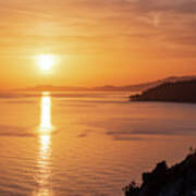 Beautiful Sunset With The Sun Shining Over The Sea At Halkidiki In Greece Poster