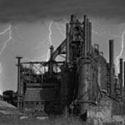 Bethlehem Steel Stacks Ruins Lightning Bw Poster