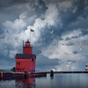 Big Red Lighthouse With Large Cloudy Sky And Flying Gulls At Ott Poster