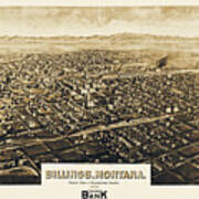 Billings Montana Antique Map Birds Eye View 1904 Sepia Poster