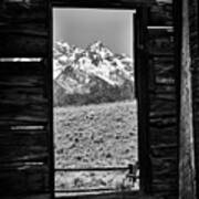 Black And White Mountain View Barn Window Poster