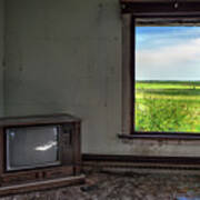 Black And White Tv, Color Window - View Of Nd Prairie From Within Living Room Of Abandoned Farm Home Poster