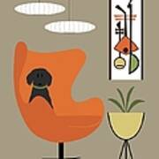 Black Dog In Orange Mid Century Chair Poster