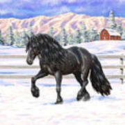 Black Friesian Horse In Snow Poster