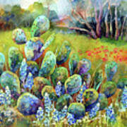 Bluebonnets And Cactus-pastel Colors Poster