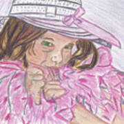 Boa Baby Colored Pencil Drawing Of A Young Girl Wearing A White Hat And Pink Feathery Boa Poster