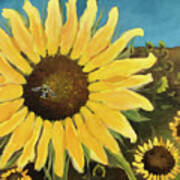 Busy Sunny Days - Sunflower Painting With Honeybee Poster