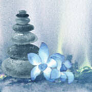 Calm Peaceful Relaxing Zen Rocks Cairn With Flower Meditative Spa Collection Watercolor Art Iii Poster