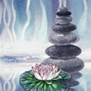 Calm Peaceful Relaxing Zen Rocks Cairn With Flower Meditative Spa Collection Watercolor Art Viii Poster