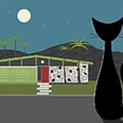 Cat Looking At Green Mid Century Modern House Poster