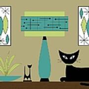Cat On Tabletop With Lamp In Teal Poster