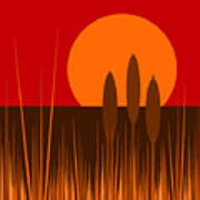 Cattails And A Red Sunset Poster