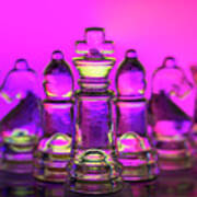 Chess Figures Made Of Glass. King In Front Magenta Background Macro Poster