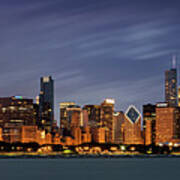 Chicago Skyline At Night Color Panoramic Poster