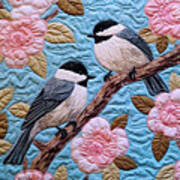 Chickadees And Cherry Blossoms - Quilted Effect Poster