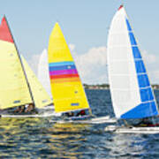 Children Close Sailing, Racing Catamarans With Brightly Coloured Poster