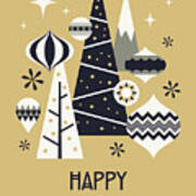 Retro Christmas Theme - Happy Holidays Gold Poster