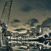Cleveland Skyline And Cuyahoga River Bridge At Dawn - Sepia Poster