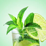 Closeup Mojito Cocktail With Ice Isolated Over Pastel Background Poster