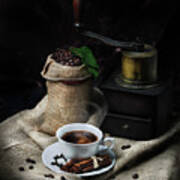 Coffee. Still Life With Vintage Coffee Mill And Coffee Cup Poster