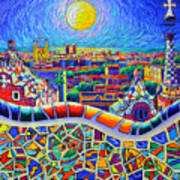 Colorful Barcelona Park Guell Magic Night By Moon Palette Knife Oil Painting By Ana Maria Edulescu Poster