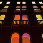 Coloured Lights In The Windows Of The Benetton Building In Venice, Italy Poster