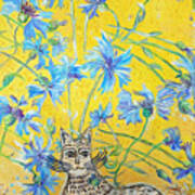 Cornflowers And A White Cat Poster