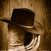 Cowboy Hat On Boots - Sepia Poster