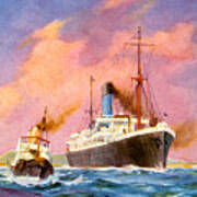 Cruise Ship Postcard With Tugboat Ca 1920 Poster