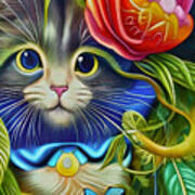 Cute Cat In The Peonies Poster
