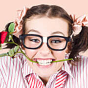 Cute Smiling Woman Wearing Nerd Glasses With Rose Poster