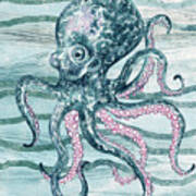 Cute Teal Blue Watercolor Octopus On Calm Wave Beach Art Poster