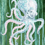 Cute Watercolor Octopus In Green Seaweed Wave Beach Art Poster