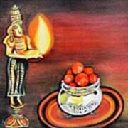 Diwali Festival Art Gulab Jamun Sweet And Oil Lamp Poster