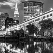 Downtown Cleveland Ohio Skyline Panorama - Black And White Poster