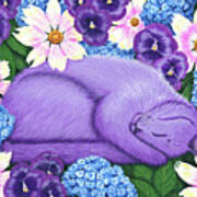 Dreaming Sleeping Purple Cat Spring Flowers Poster
