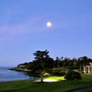 Early Morning Moon At Pebble Beach 18th Green Poster