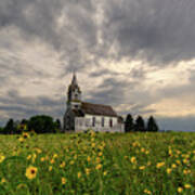 East Norway Lutheran Church In Nelson County Nd - Abandoned Church With Wildflowers Poster