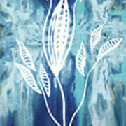 Elegant Pattern With Leaves In Teal Blue Watercolor I Poster